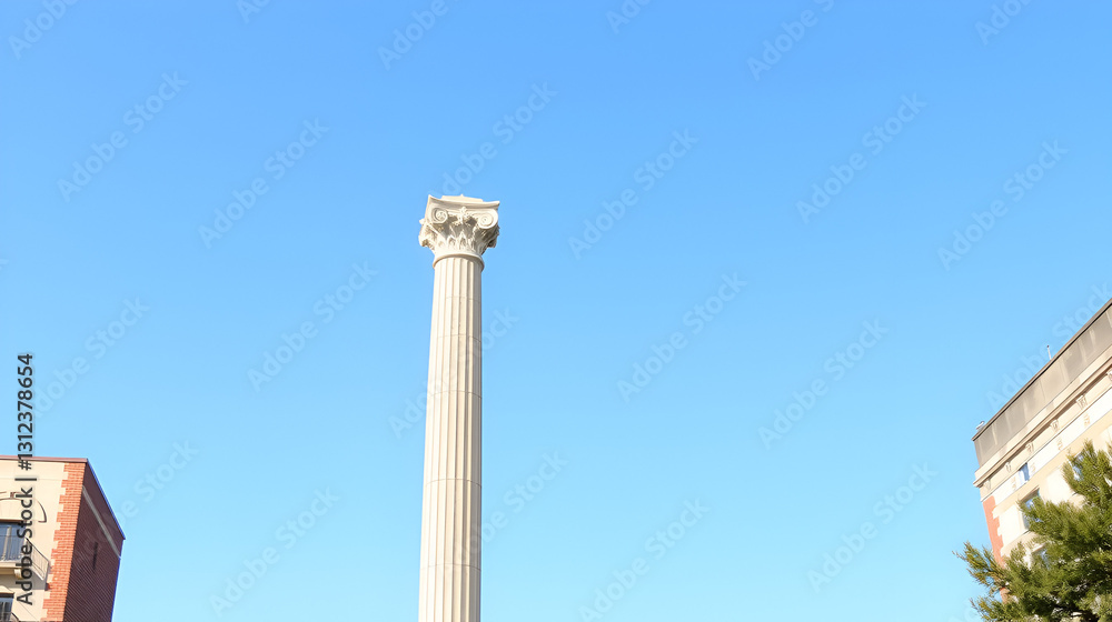 A large concrete column sits atop a building on a clear day. A large concrete column sits atop a building on a clear day.