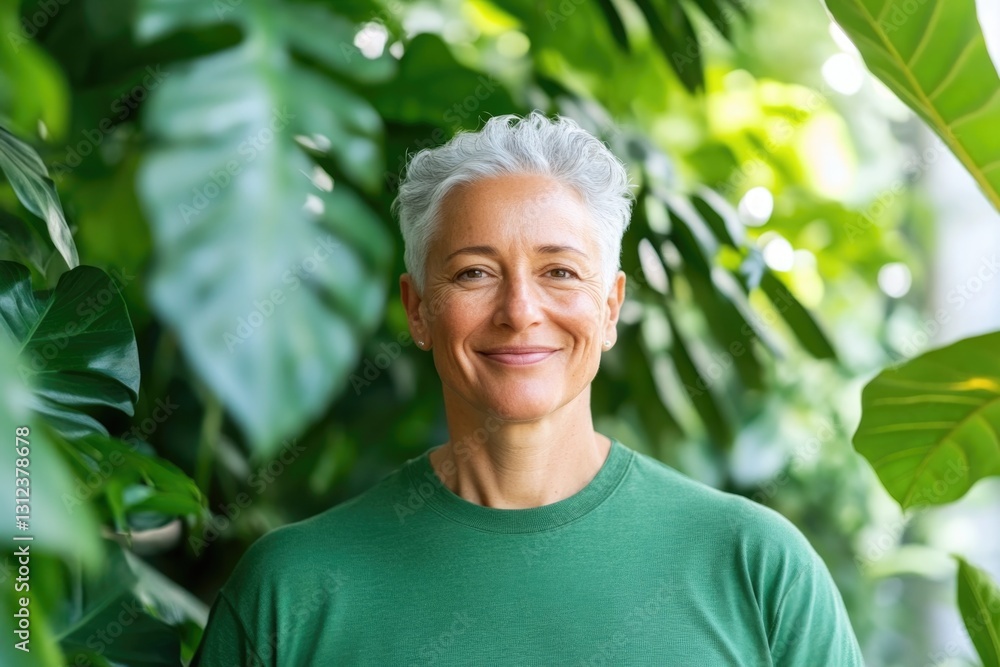 capture serene outdoor portrait of diverse person smiling gently surrounded by greenery symbolizing harmonious connection capture serene outdoor portrait of diverse person smiling gently surrounded by greenery symbolizing harmonious connection