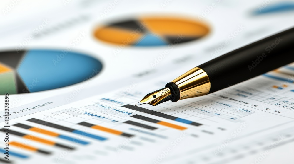 Close-up of a pen resting on a chart highlighting data analysis and business strategy in a professional environment Close-up of a pen resting on a chart highlighting data analysis and business strategy in a professional environment