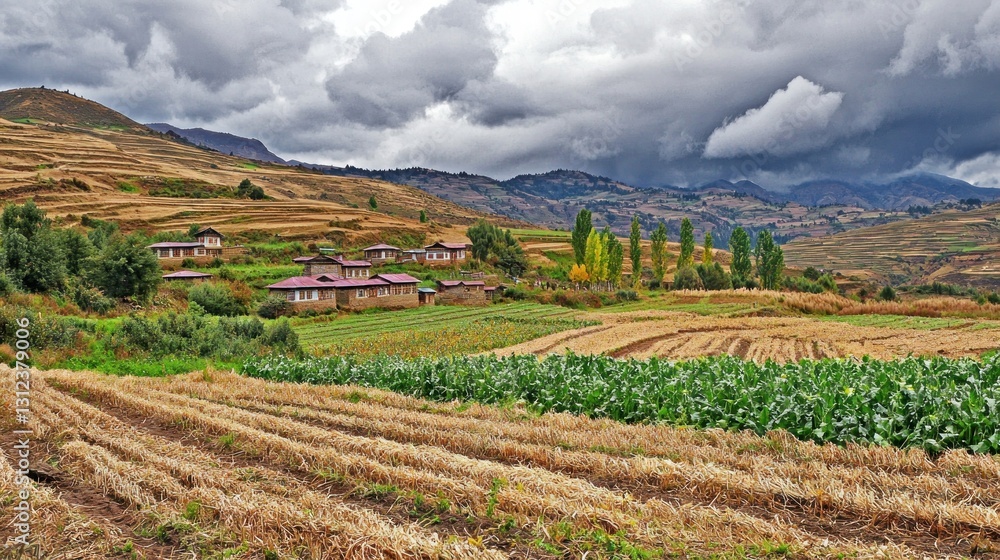 Rustic village nestled in terraced hills, autumn harvest Rustic village nestled in terraced hills, autumn harvest
