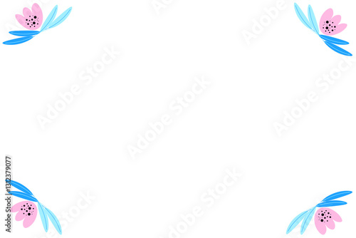 Beautiful elegant horizontal rectangular frame made of floral elements. Delicate spring colors. Blue, pink, black. Natural ornament isolated on  white background.