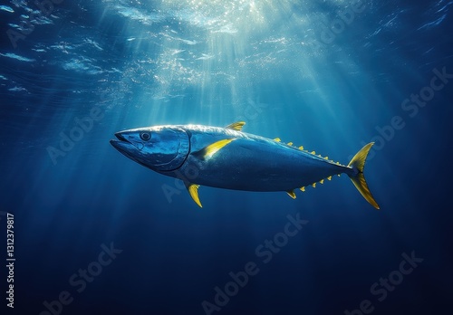 Wallpaper Mural Vibrant Bluefin Tuna Swimming Gracefully in Clear Ocean Waters Illuminated by Striking Sun Rays from the Surface Torontodigital.ca