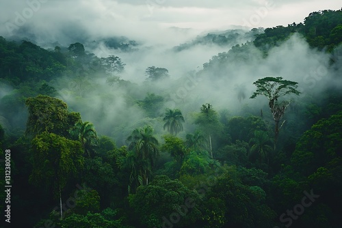 Misty tropical rainforest filled with vibrant greenery and towering trees creating a mystical atmosphere : Generative AI photo