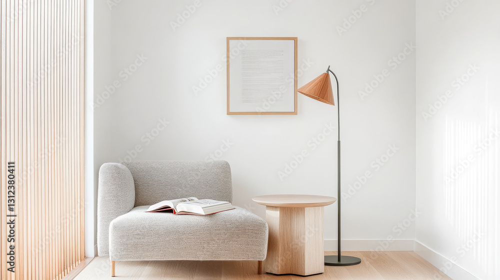 Fototapeta premium Cozy reading corner with modern furniture and natural light in a minimalist interior design