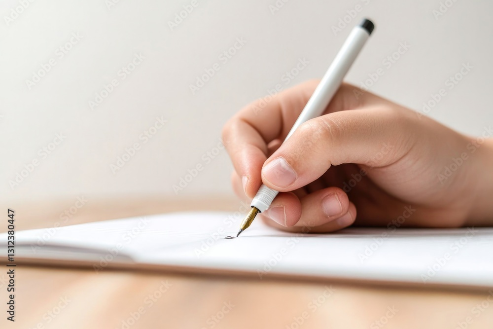 close-up of student hand with pen writing in notebook on wooden desk copy space for educational content