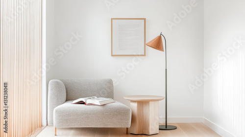 Cozy reading corner with modern furniture and natural light in a minimalist interior design