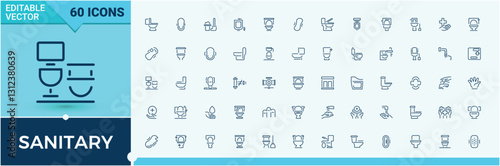 Set of Sanitary line icons. Contains linear outline icons like wash, rail, disinfect, bath, bin, clean and more. Thin linear style icons. Minimalist editable vector stroke.