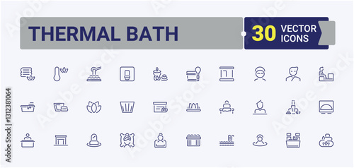Set of Sauna line icons. Containing beauty care, thermal bath, accessories, beauty, axe, body and more. Outline icon. Minimalist editable vector stroke.