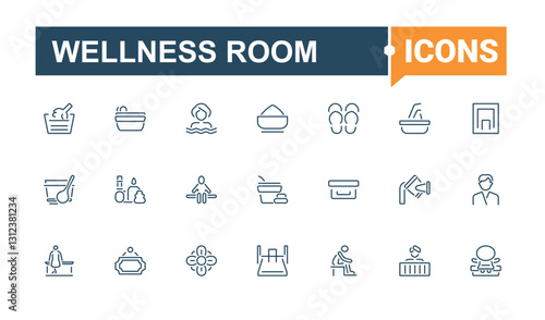 Wellness Room icon set. Contain linear outline icons relax, sauna, accessories, relaxation, axe, thermometer, health, hygrometer. Thin outline icons pack. Minimalistic icon.