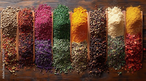 Fototapeta Naklejka Na Ścianę i Meble -  different spices and herbs spread out on a wooden table creating a colorful display