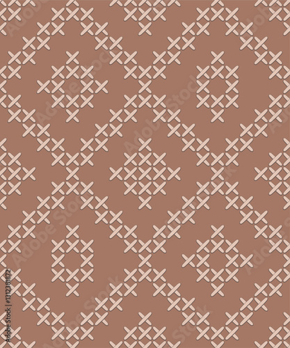 Vintage cross-stitch diamonds mocha mousse brown Vector Pattern. Ethnic sewn Aztec geometrics in neutral monochrome brown seamless background.