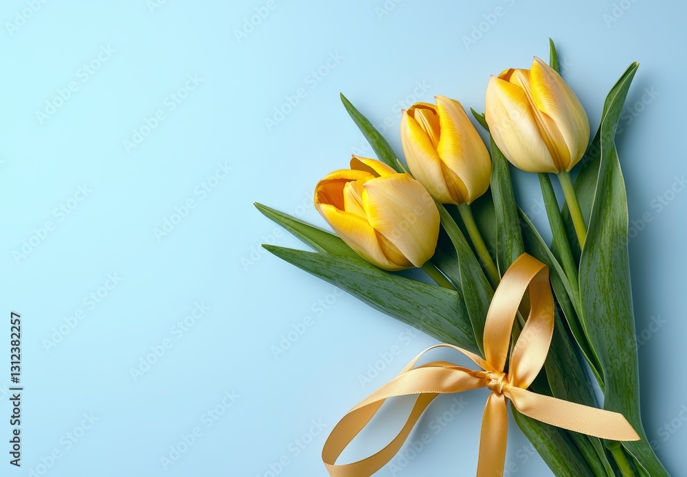 A beautiful arrangement of vibrant yellow tulips tied with a soft yellow ribbon, captivatingly displayed against a soothing light blue background, perfect for spring occasions.