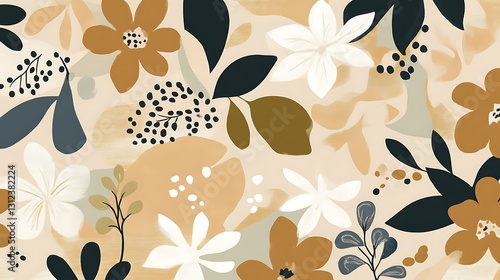Abstract floral pattern with beige, brown, and white flowers and leaves