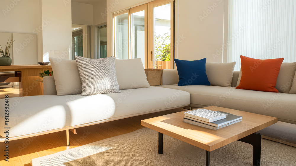 Fototapeta premium Modern living room with neutral tones and colorful cushions in bright daylight