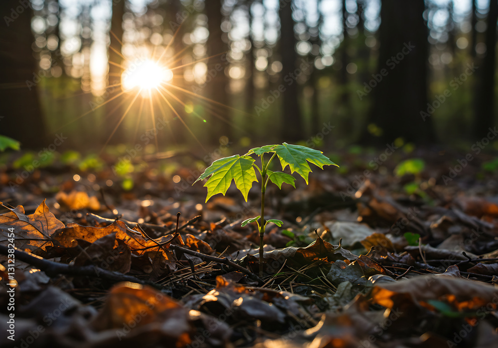 Fototapeta premium Sunrise Illuminates Tiny Forest Sprout