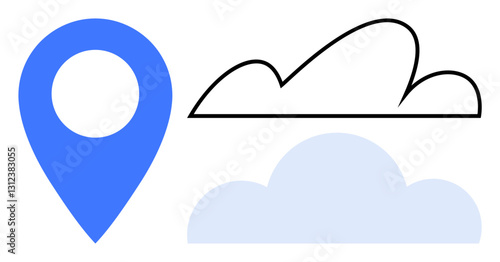 Blue geolocation pin next to outlined and filled clouds symbolizing navigation, location-based services, data storage, weather, and connectivity. Ideal for technology, travel, mapping, server