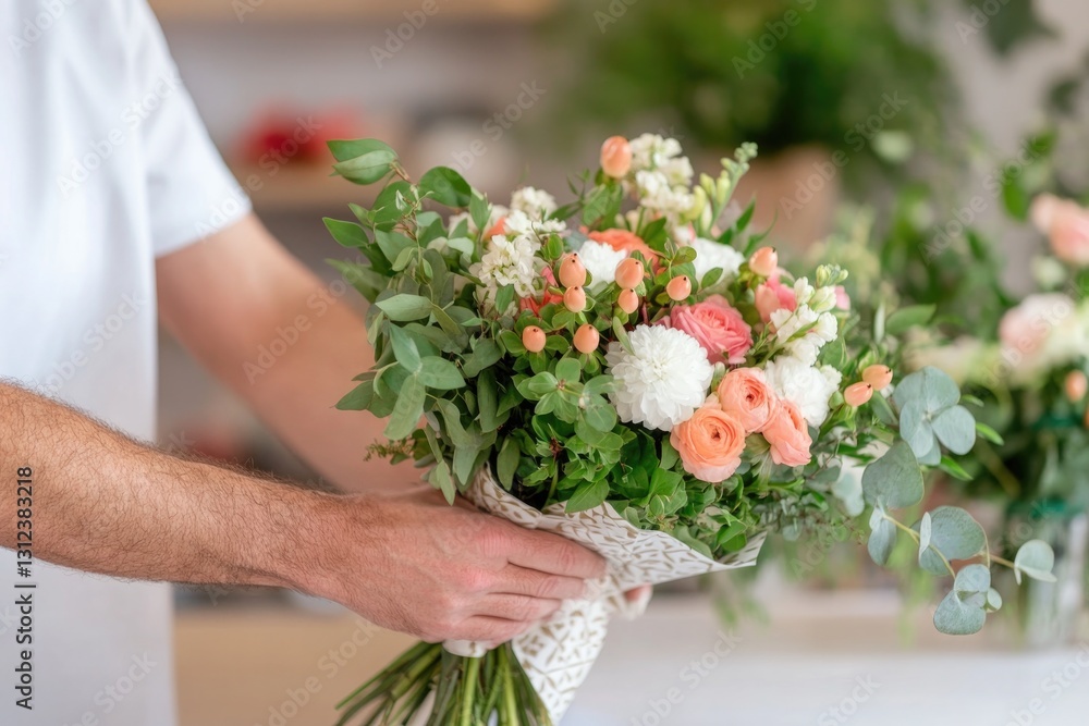 floral shop seller carefully arranges vibrant bouquet on counter adding decorative wrapping paper floral shop seller carefully arranges vibrant bouquet on counter adding decorative wrapping paper
