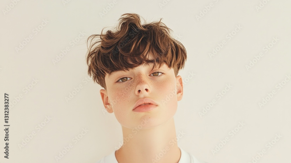focus on stylish contemporary haircut on young individual against solid white backdrop with plenty of empty space around focus on stylish contemporary haircut on young individual against solid white backdrop with plenty of empty space around
