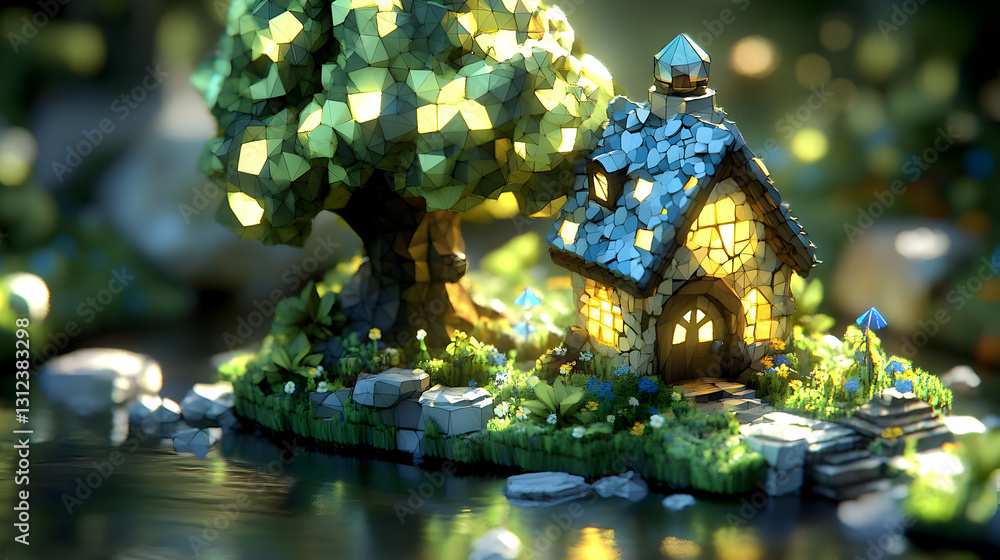 Fototapeta premium Lowpoly Cottage on a River Island