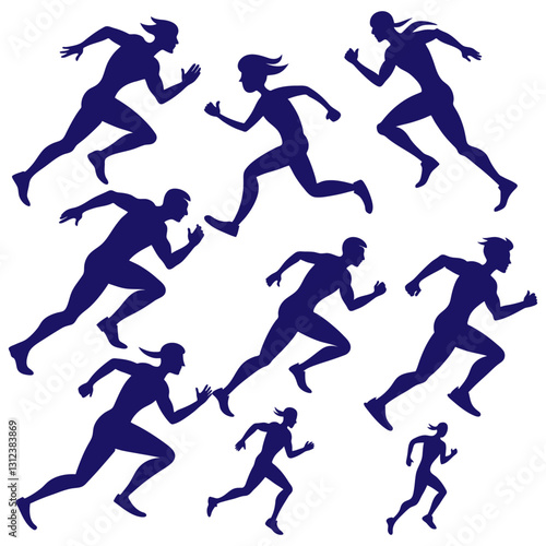 Running editing Silhouette group vector illustration set,running, silhouette, group, joggers, marathon, fitness, exercise, sport, athletes, track, race, competition, sprint, motion, active, cardio