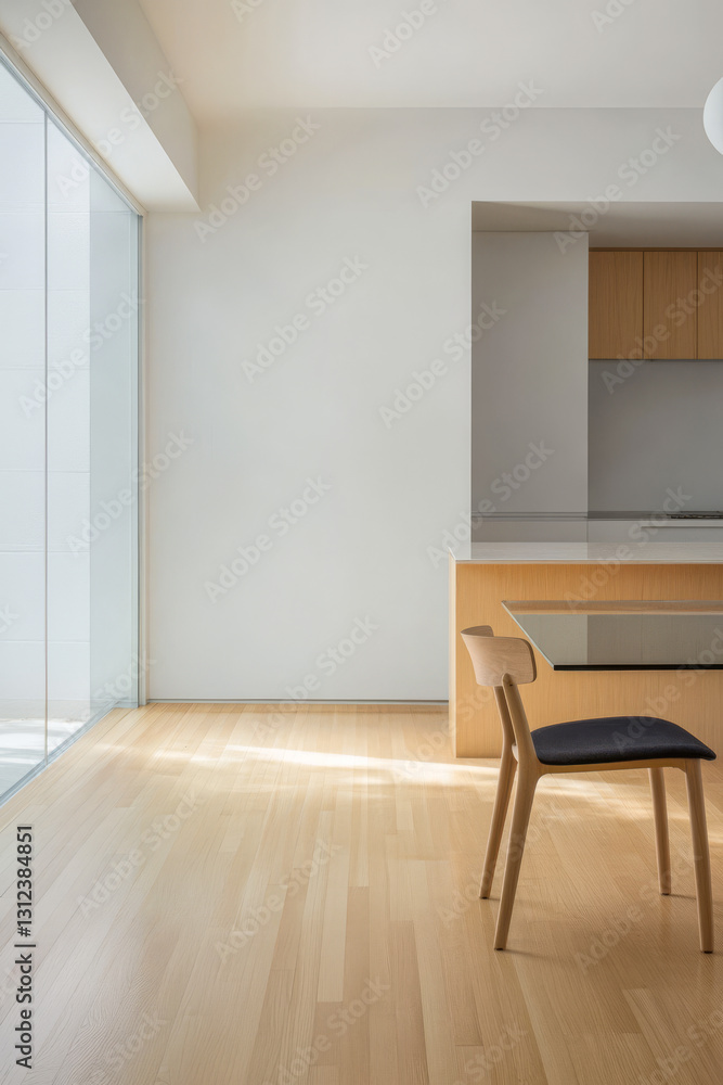 Modern minimalist kitchen interior with wooden flooring and natural light in a spacious room Modern minimalist kitchen interior with wooden flooring and natural light in a spacious room