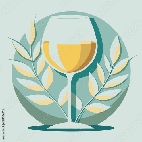 Elegant white wine glass illustration with botanical design