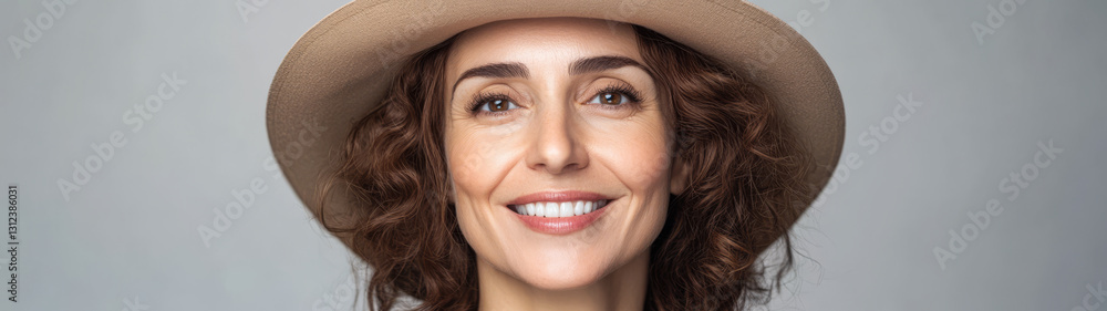 Smiling woman wearing a stylish hat against a neutral background Smiling woman wearing a stylish hat against a neutral background
