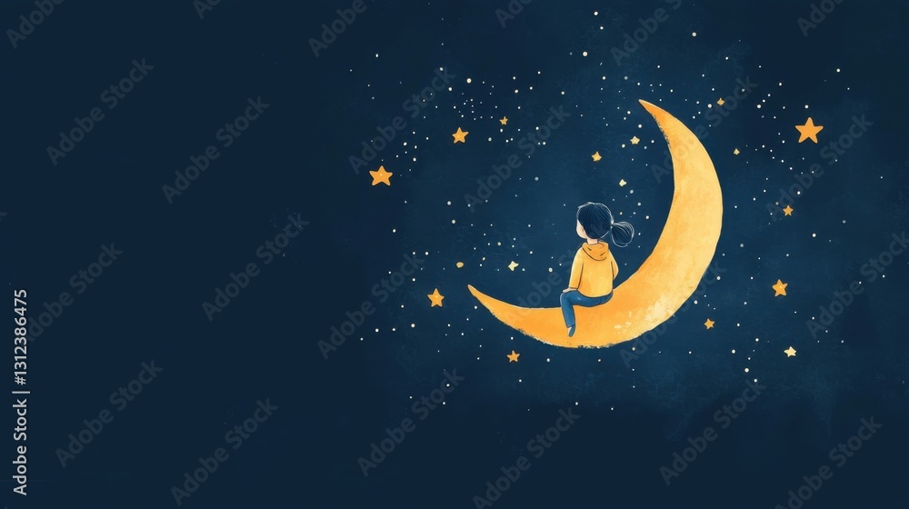 A young child dressed in a yellow hoodie sits comfortably on a large crescent moon. Bright stars fill the night sky, creating a dreamy atmosphere that inspires imagination and curiosity A young child dressed in a yellow hoodie sits comfortably on a large crescent moon. Bright stars fill the night sky, creating a dreamy atmosphere that inspires imagination and curiosity