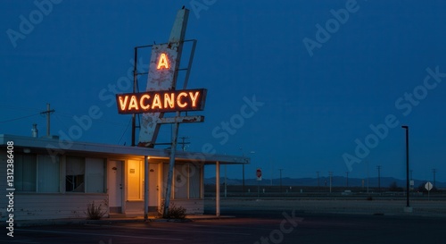 Vintage Motel Vacancy Sign Glowing at Twilight Along Desert Road