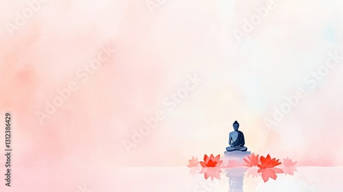 watercolor illustration showing tranquility of vesak day with serene buddha statue surrounded by lotus flowers bathed