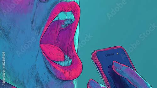 Smartphone expressing itself through a vivid mouth illustration