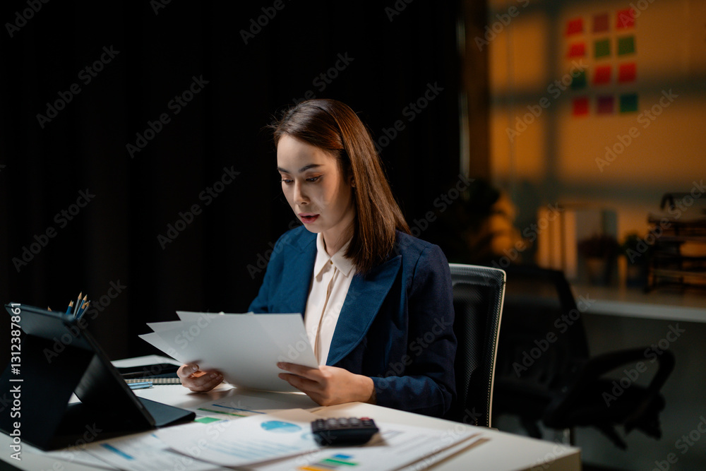 Businesswoman reviewing documents and using tablet while working late in dark office Businesswoman reviewing documents and using tablet while working late in dark office
