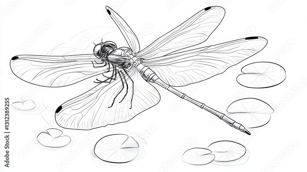 Dragonfly Grace Over Lily Pads - Elegant dragonfly, wings spread, poised above water lilies. Symbolizes transformation, summer, peace, nature, and freedom Dragonfly Grace Over Lily Pads - Elegant dragonfly, wings spread, poised above water lilies. Symbolizes transformation, summer, peace, nature, and freedom