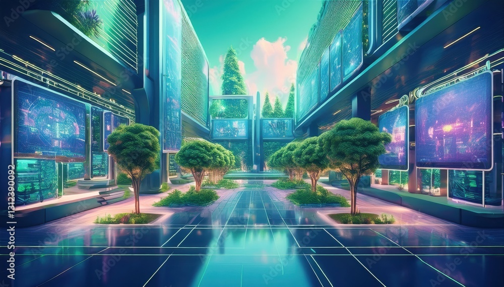 Fototapeta premium A stunning, high-tech college environment with lush greenery and digital displays.