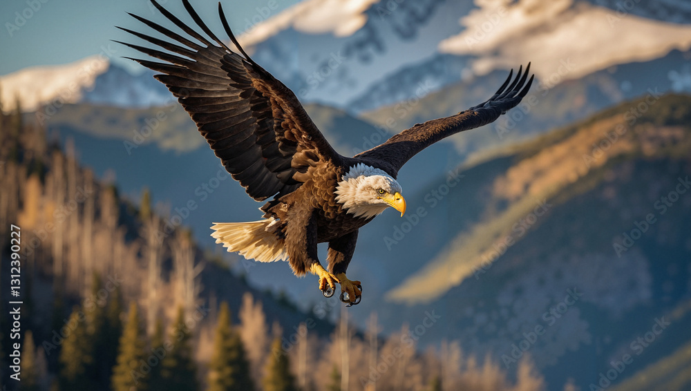 Obraz premium bald eagle in flight over mountainous landscape