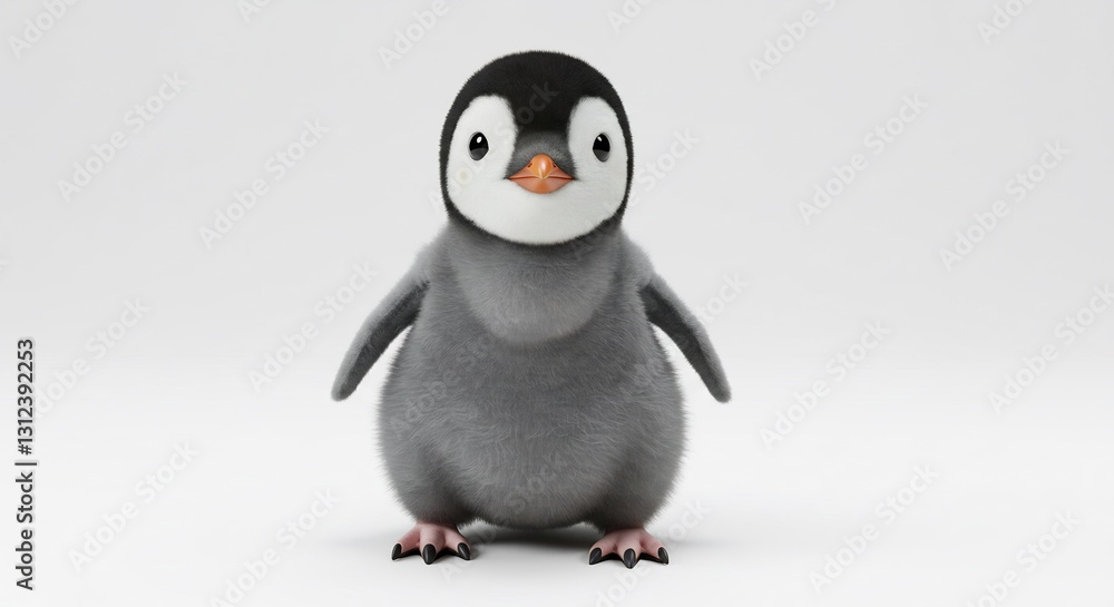 Fototapeta premium Adorable baby penguin stands proudly soft grey plumage bright studio lighting. AI Generated