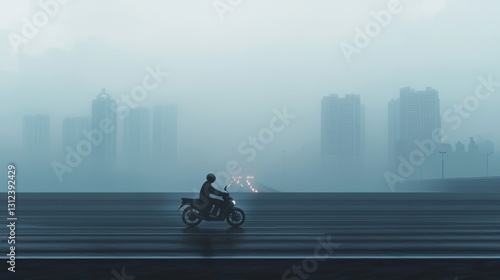 A motorcyclist navigates a deserted road shrouded in fog, with the silhouette of tall buildings emerging in the background at dawn. The atmosphere is quiet and mysterious