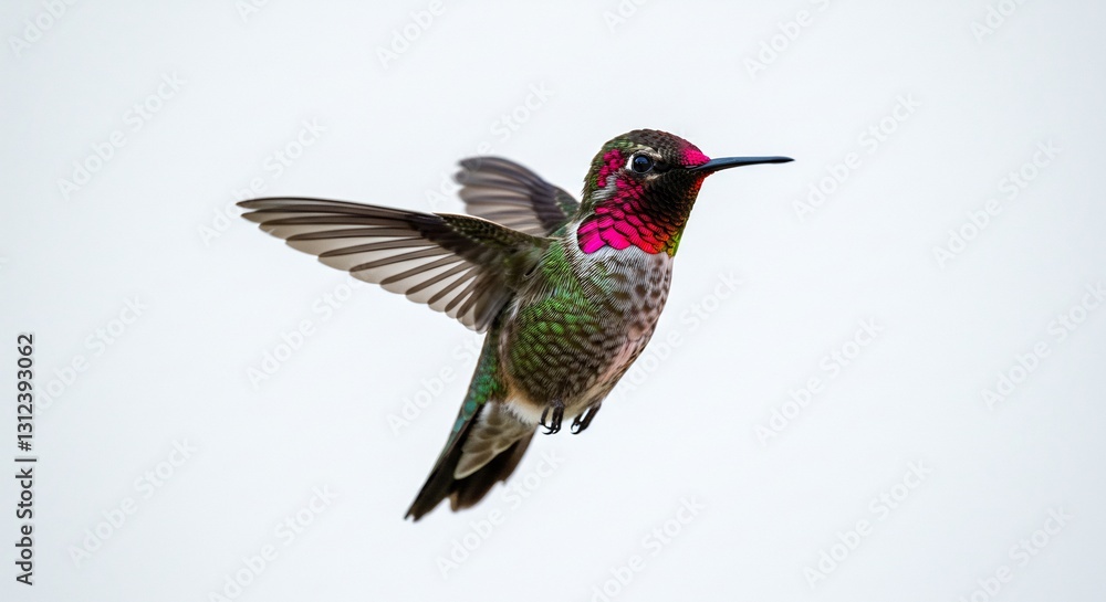 Obraz premium Vibrant hummingbird gracefully hovers against bright white background showcasing iridescent plumage. AI Generated