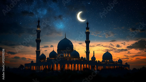 Majestic mosque silhouette at sunset with crescent moon and stars. (1) photo