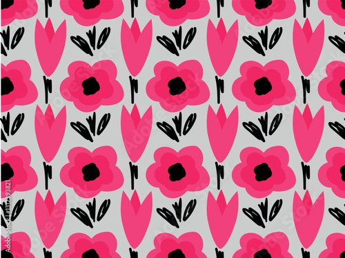 Pink hand drawn flowers, poppy flower, tulips, black leaves. Seamless vector pattern for design and decoration.