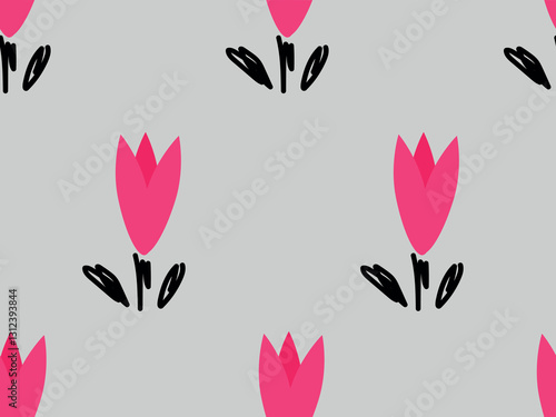 Pink hand drawn flowers, poppy flower, tulips, black leaves. Seamless vector pattern for design and decoration.