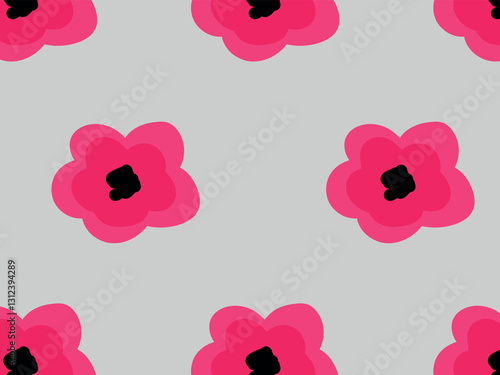 Pink hand drawn flowers, poppy flower, tulips, black leaves. Seamless vector pattern for design and decoration.