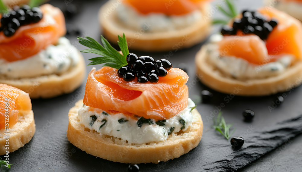 Delicious canapes with salmon and caviar on black textured table, closeup Delicious canapes with salmon and caviar on black textured table, closeup