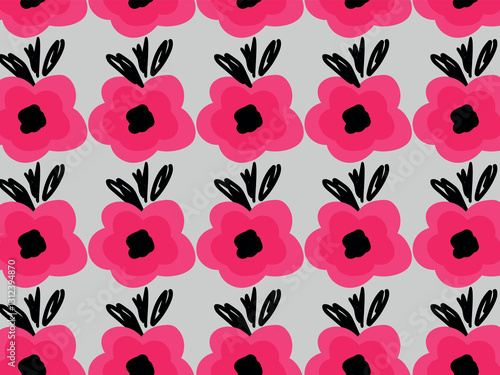 Pink hand drawn flowers, poppy flower, tulips, black leaves. Seamless vector pattern for design and decoration.