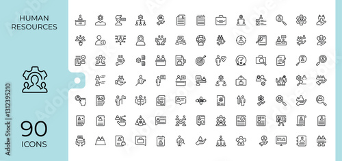 Human Resources minimal icon set. Contains such icons as meeting, collaboration, relation, person, career, corporate, office, leadership. Thin UI icon design. Minimalist vector collections.