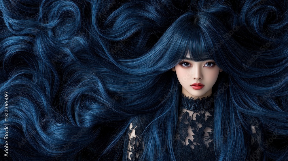 Fototapeta premium Enthralling Portrait of a Woman with Midnight Blue Hair