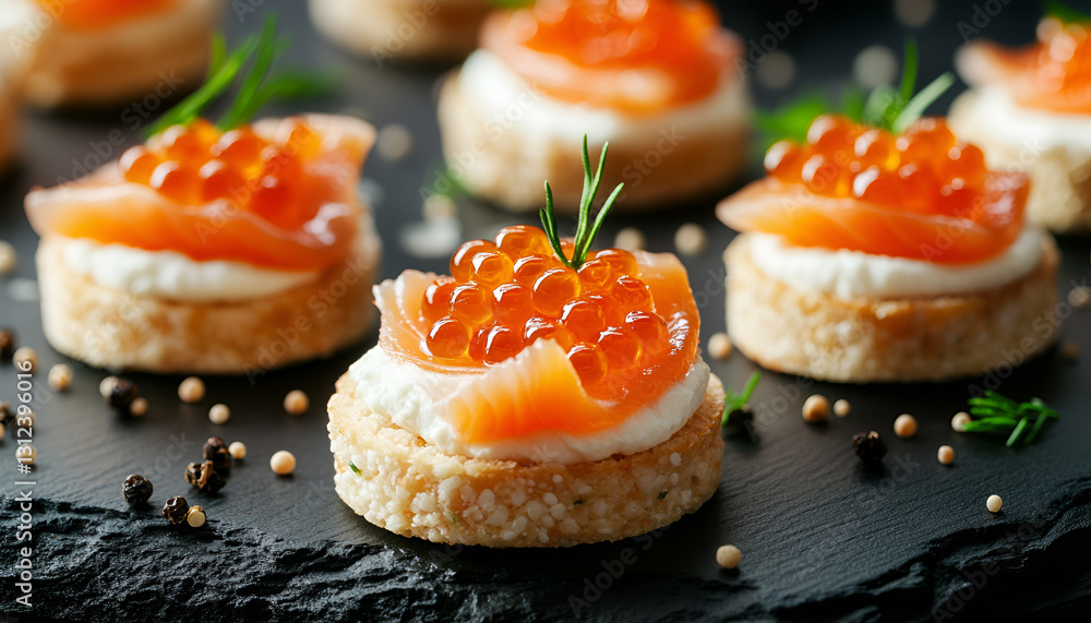 Delicious canapes with salmon and caviar on black textured table, closeup Delicious canapes with salmon and caviar on black textured table, closeup