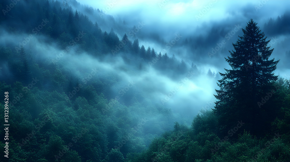 Misty mountain forest at dawn. Misty mountain forest at dawn.