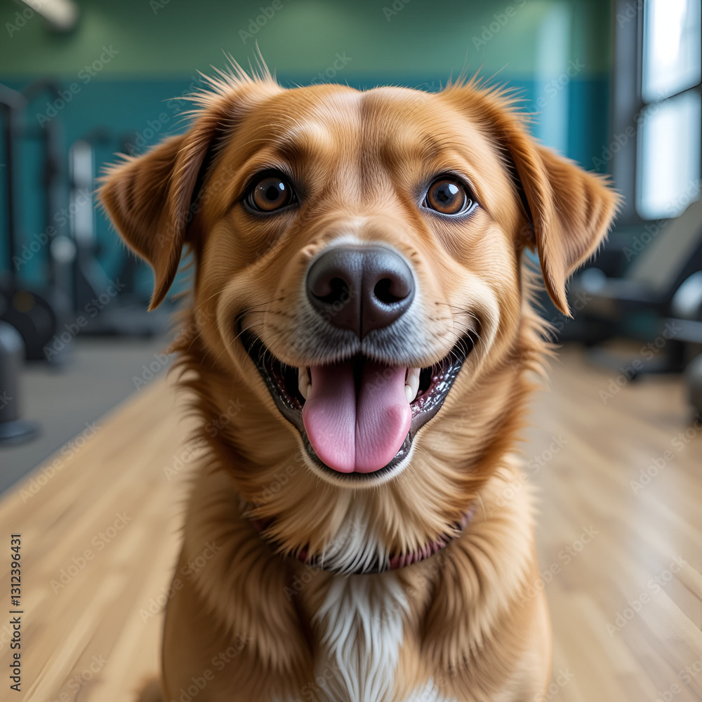 A cheerful brown dog with a friendly expression, sitting in a gym-like environment, looking directly at the observer with a happy demeanor. A cheerful brown dog with a friendly expression, sitting in a gym-like environment, looking directly at the observer with a happy demeanor.