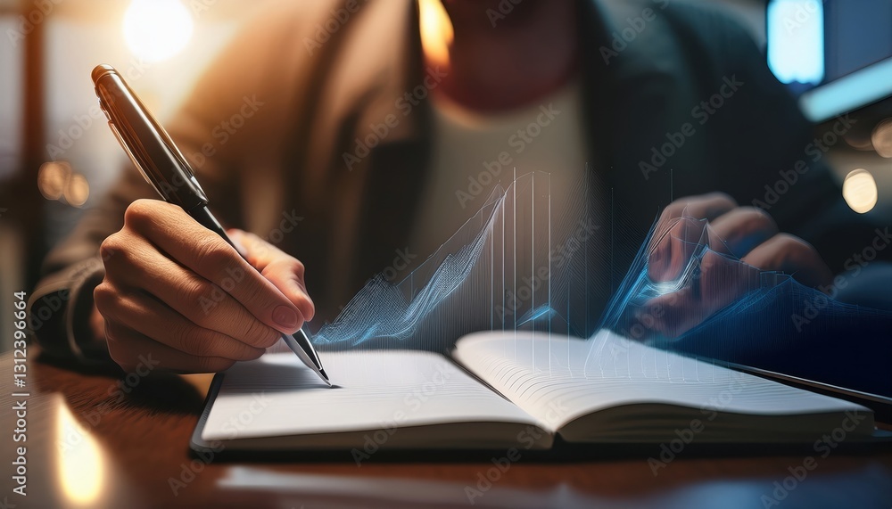 A student engages in deep study, writing notes in a notebook with vibrant ideas flowing.